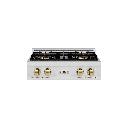 ZLINE Autograph Edition 30" Classic Gas Rangetop with 4 Burner DuoPro™ Cooktop in Satin Stainless Steel and Champagne Bronze Accents, PCRTSZ-30-CB