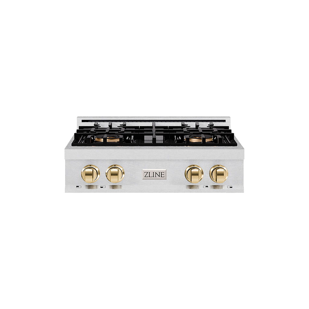 ZLINE Autograph Edition 30" Classic Gas Rangetop with 4 Burner DuoPro™ Cooktop in Satin Stainless Steel and Polished Gold Accents, PCRTSZ-30-G