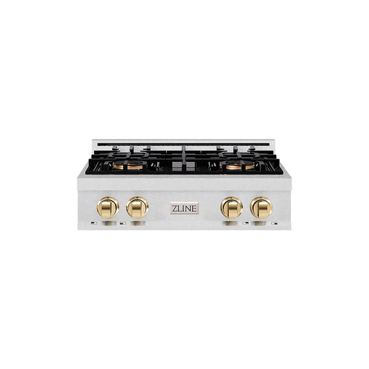 ZLINE Autograph Edition 30" Classic Gas Rangetop with 4 Burner DuoPro™ Cooktop in Satin Stainless Steel and Polished Gold Accents, PCRTSZ-30-G