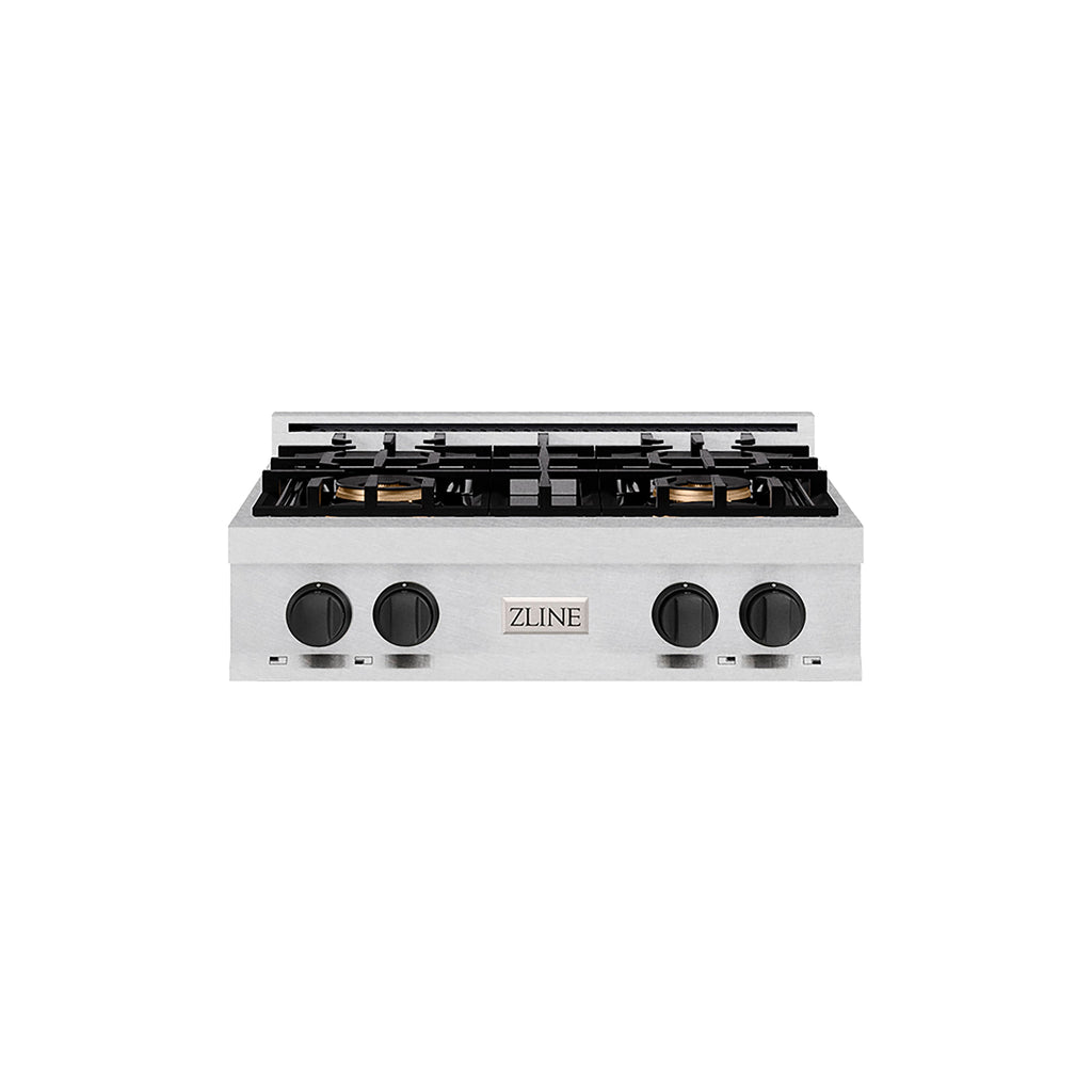 ZLINE Autograph Edition 30" Classic Gas Rangetop with 4 Burner DuoPro™ Cooktop in Satin Stainless Steel and Matte Black Accents, PCRTSZ-30-MB