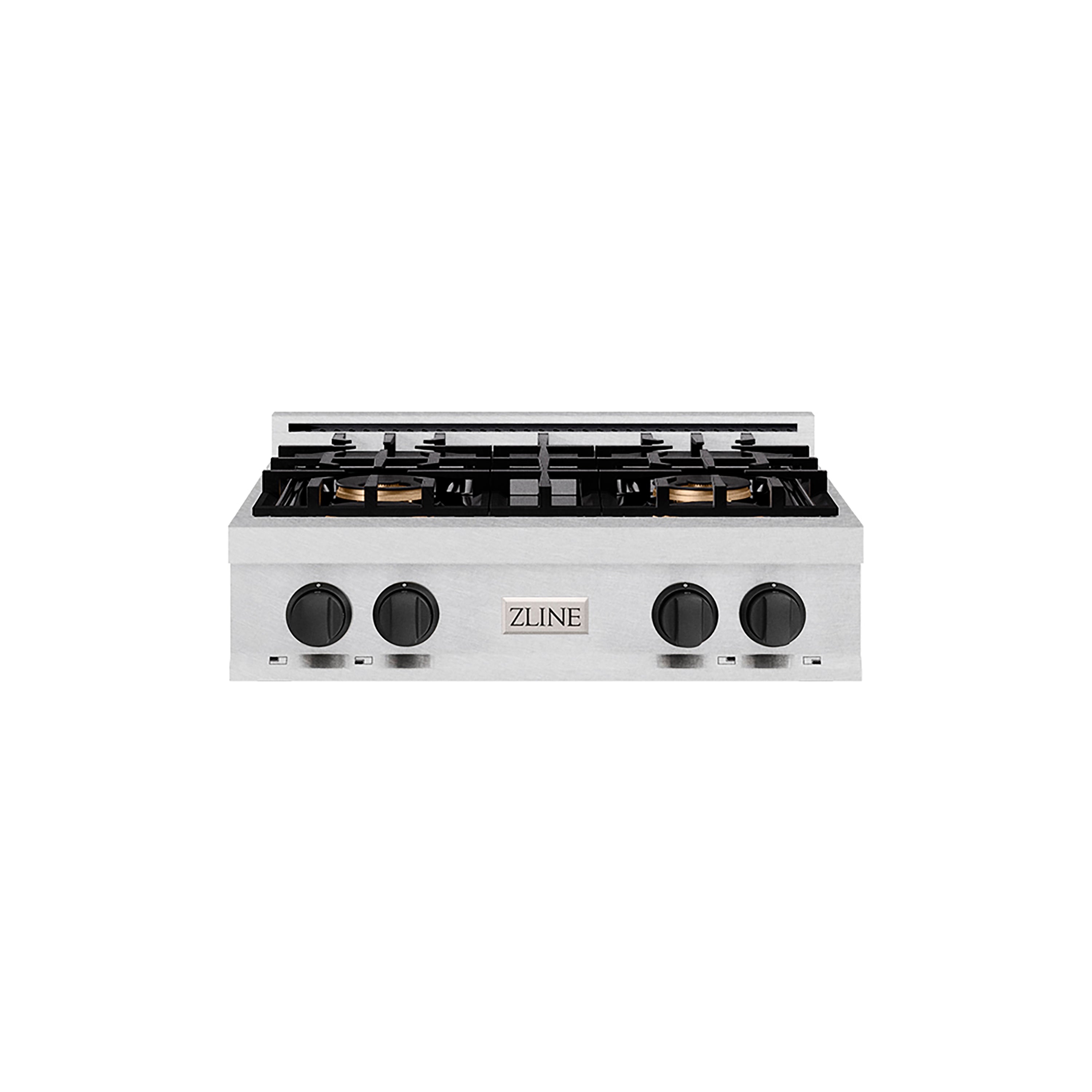 ZLINE Autograph Edition 30" Classic Gas Rangetop with 4 Burner DuoPro™ Cooktop in Satin Stainless Steel and Matte Black Accents, PCRTSZ-30-MB