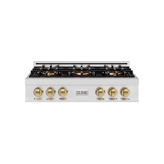 ZLINE Autograph 36" Classic Gas Rangetop with 6 Burner DuoPro™ Cooktop in Satin Stainless Steel and Champagne Bronze Accents, PCRTSZ-36-CB