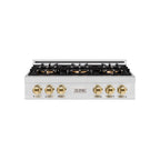 ZLINE Autograph 36" Classic Gas Rangetop with 6 Burner DuoPro™ Cooktop in Satin Stainless Steel and Polished Gold Accents, PCRTSZ-36-G