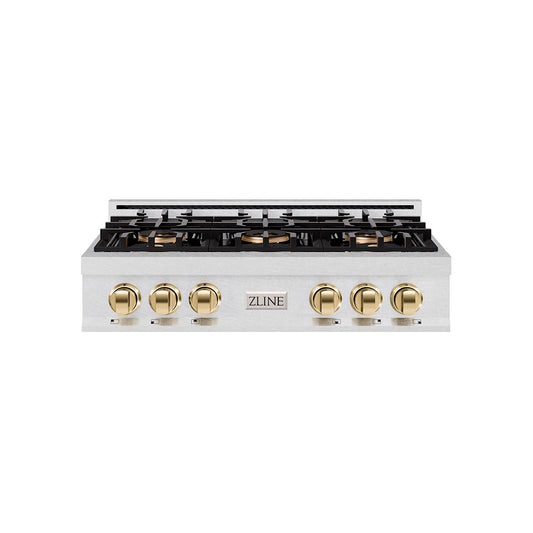 ZLINE Autograph 36" Classic Gas Rangetop with 6 Burner DuoPro™ Cooktop in Satin Stainless Steel and Polished Gold Accents, PCRTSZ-36-G