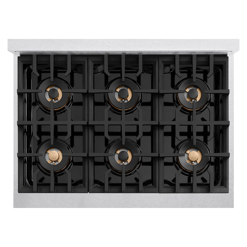 ZLINE Autograph 36" Classic Gas Rangetop with 6 Burner DuoPro™ Cooktop in Satin Stainless Steel and Polished Gold Accents, PCRTSZ-36-G