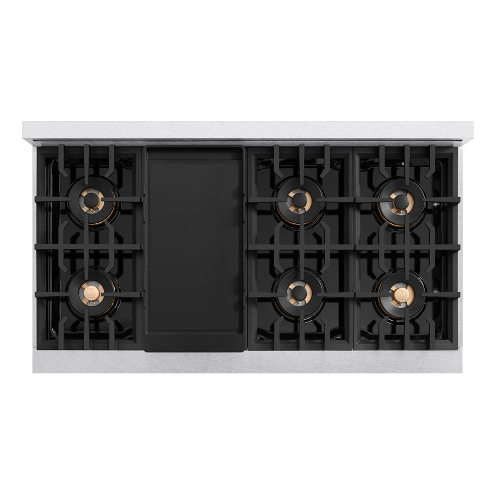 ZLINE Autograph 48" Classic Gas Rangetop with 8 Burner DuoPro™ Cooktop in Satin Stainless Steel and Polished Gold Accents, PCRTSZ-48-G