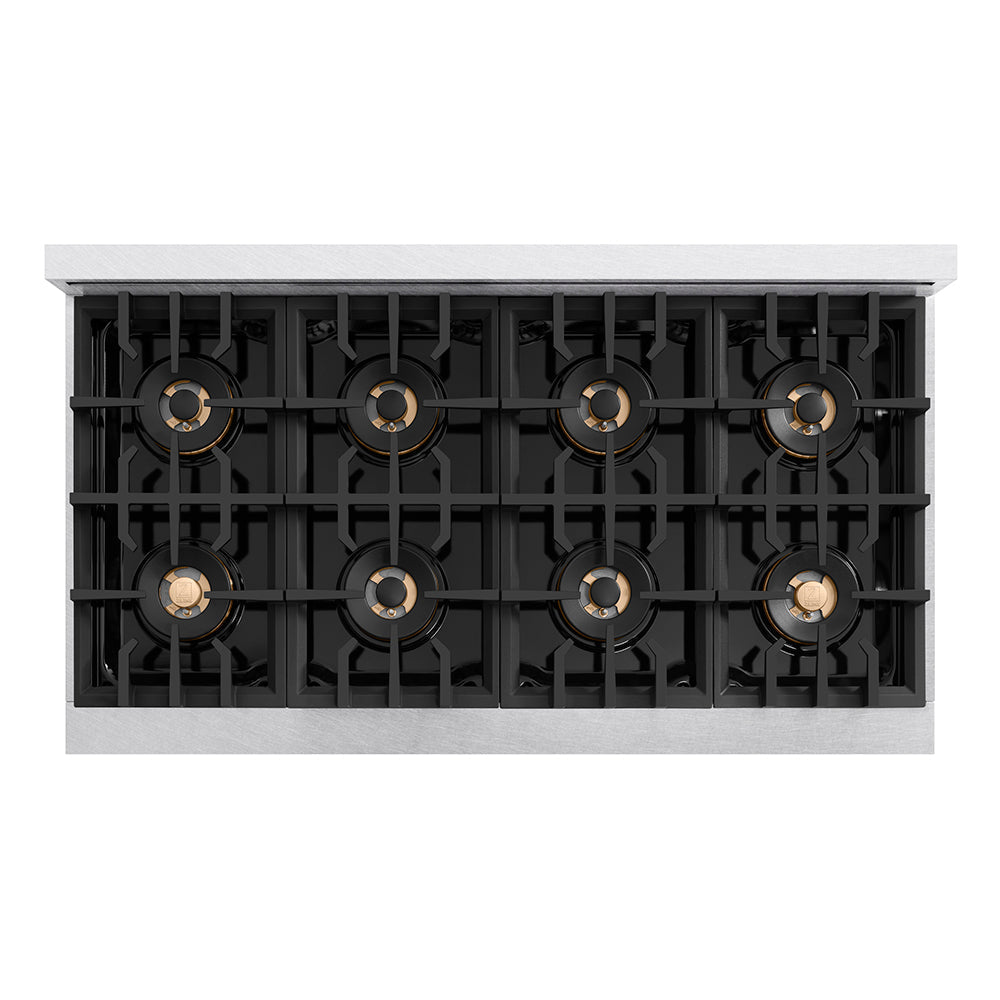 ZLINE Autograph 48" Classic Gas Rangetop with 8 Burner DuoPro™ Cooktop in Satin Stainless Steel and Polished Gold Accents, PCRTSZ-48-G