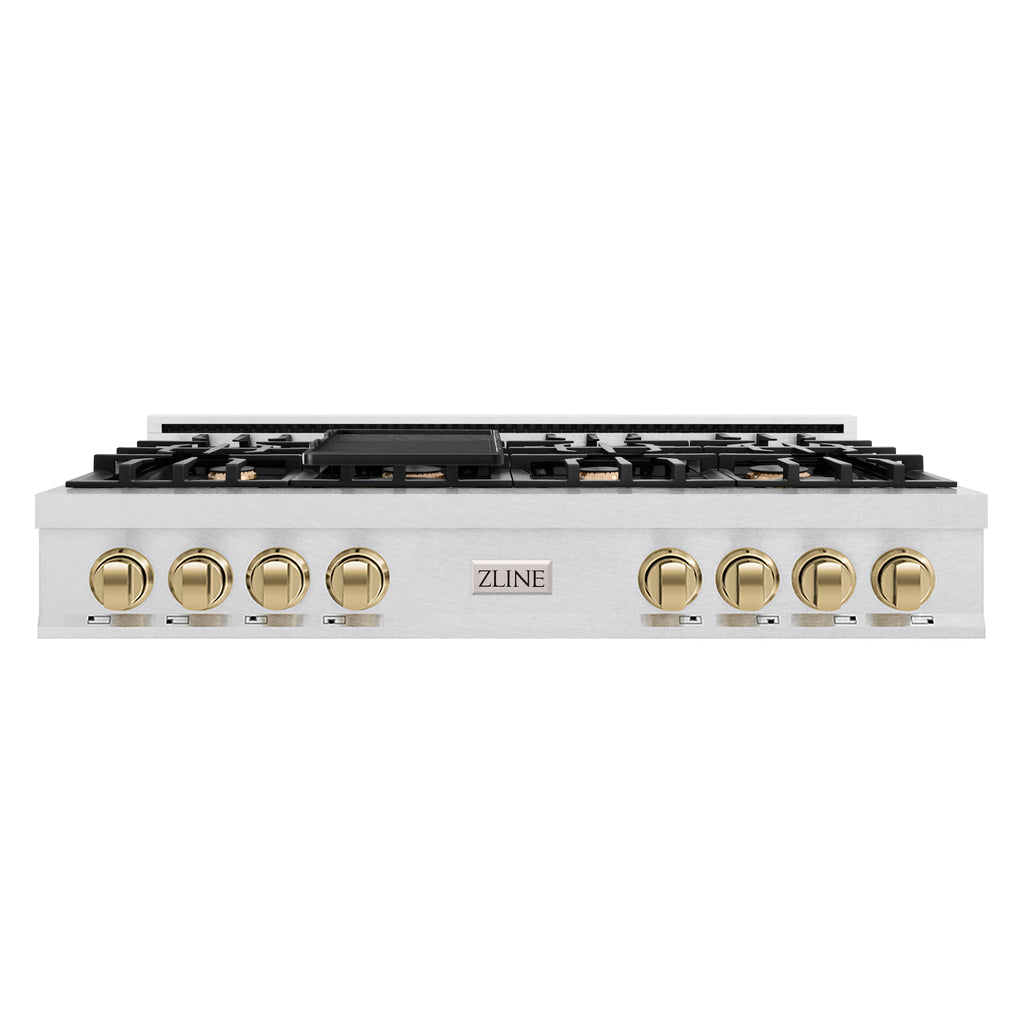 ZLINE Autograph 48" Legacy Gas Rangetop with 7 Burners and Porcelain Cooktop in Satin Stainless Steel with Champagne Bronze Accents, RTSZ-48-CB