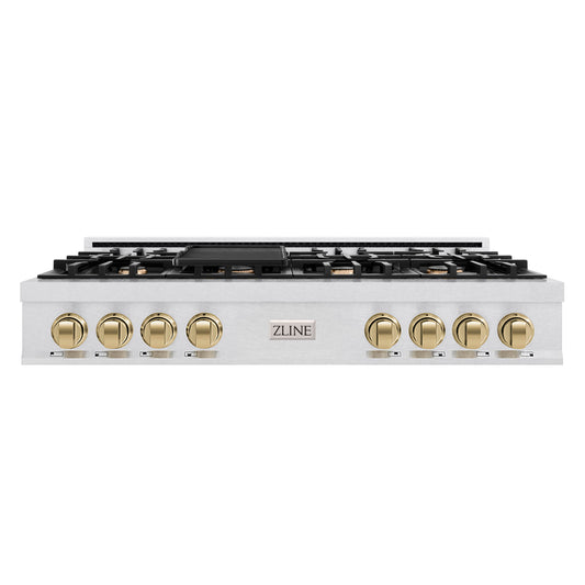 ZLINE Autograph 48" Legacy Gas Rangetop with 7 Burners and Porcelain Cooktop in Satin Stainless Steel with Champagne Bronze Accents, RTSZ-48-CB