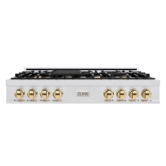 ZLINE Autograph 48" Legacy Gas Rangetop with 7 Burners and Porcelain Cooktop in Satin Stainless Steel with Polished Gold Accents, RTSZ-48-G