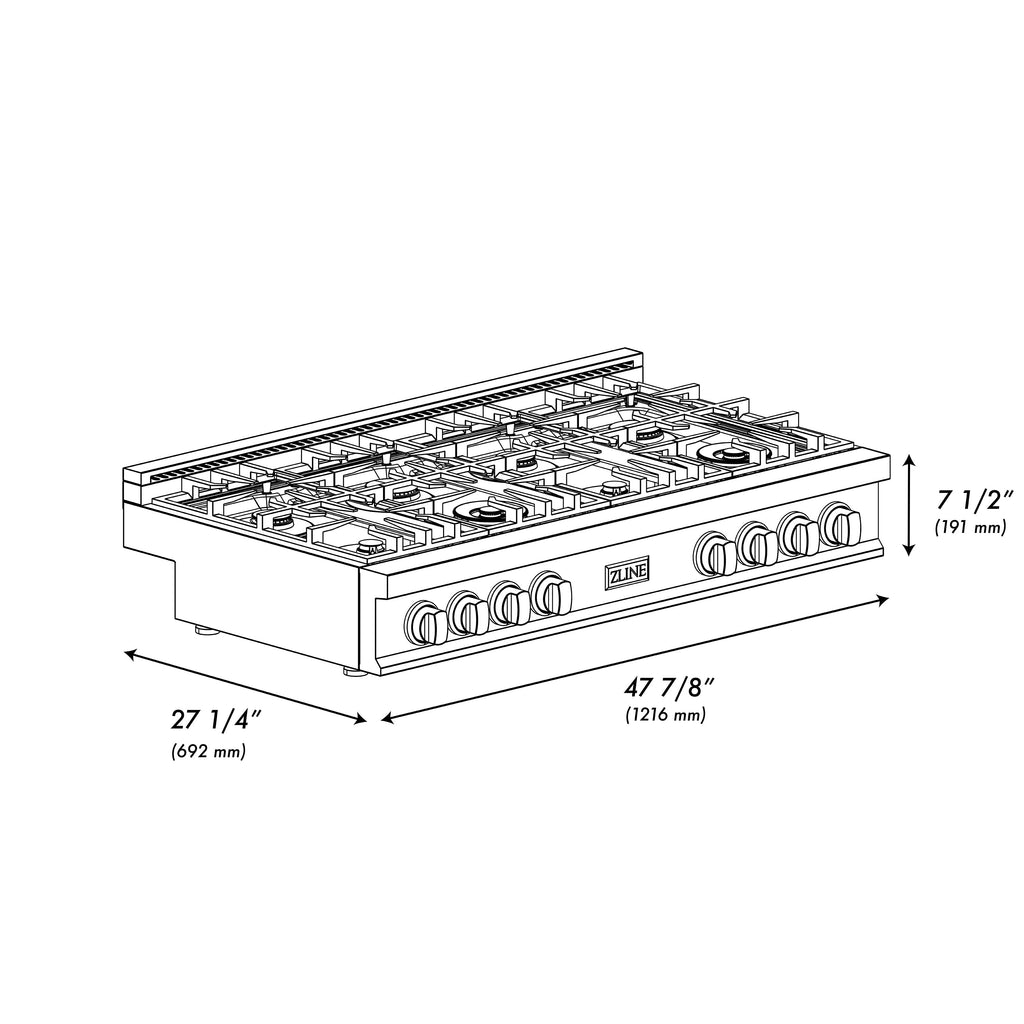 ZLINE Autograph 48" Legacy Gas Rangetop with 7 Burners and Porcelain Cooktop in Satin Stainless Steel with Matte Black Accents, RTSZ-48-MB
