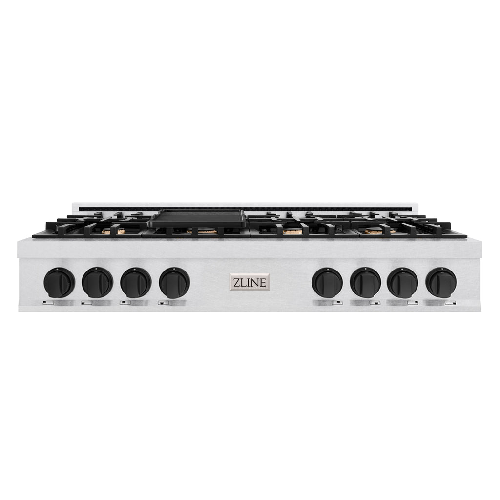 ZLINE Autograph 48" Legacy Gas Rangetop with 7 Burners and Porcelain Cooktop in Satin Stainless Steel with Matte Black Accents, RTSZ-48-MB