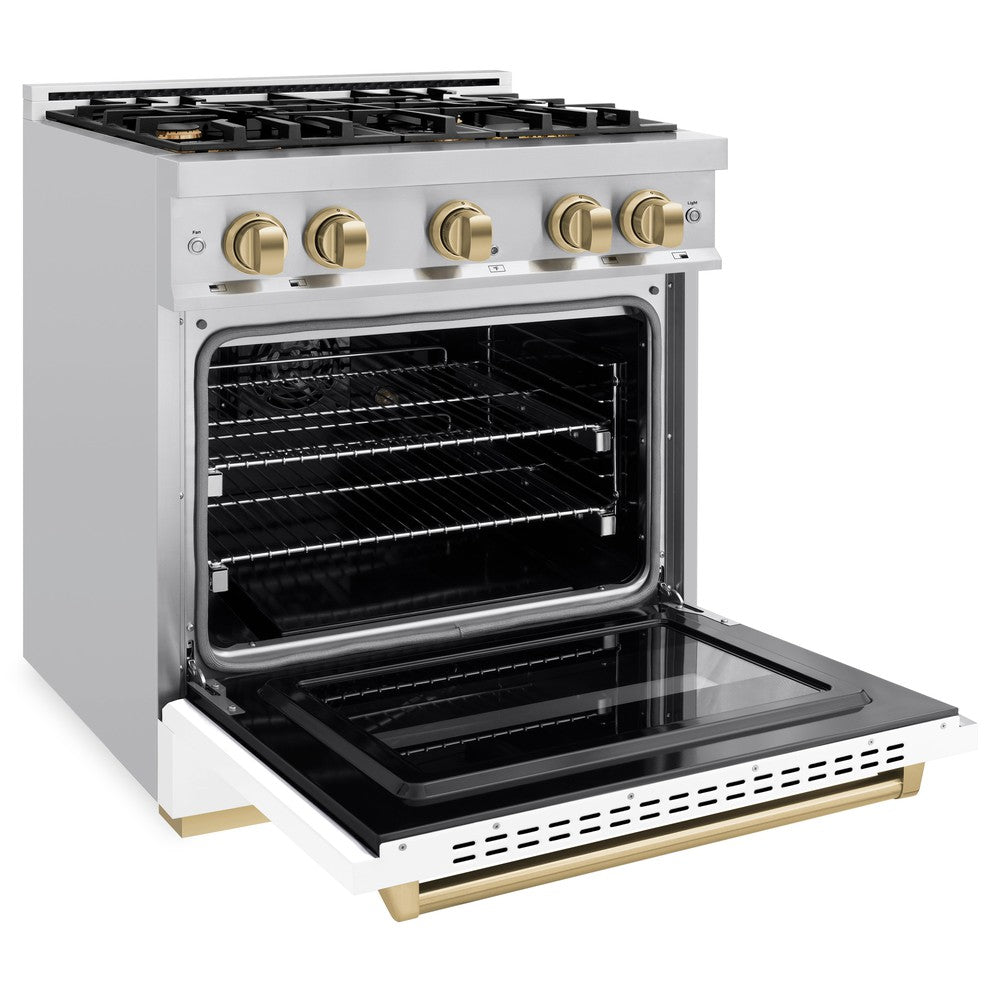 ZLINE Autograph Edition 30 in. 4.2 cu. ft. Classic Dual Fuel Range, 4 Burner Gas Cooktop, Electric Convection Oven, Stainless Steel with White Matte Door & Champagne Bronze Accents (CDRZ-WM-30-CB)