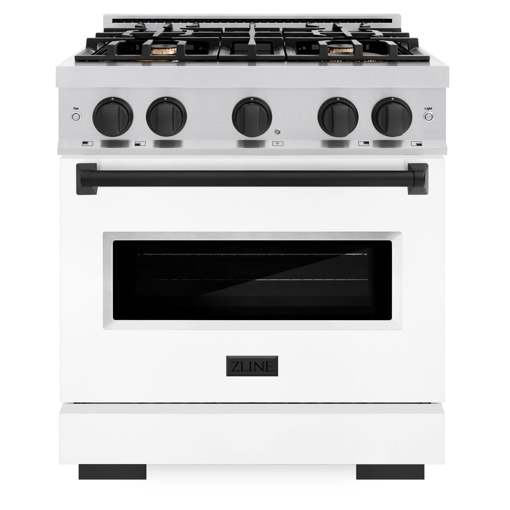 ZLINE Autograph Edition 30 in. Classic Dual Fuel Range, 4 Burners, 4.2 cu. ft. Oven, Stainless Steel with White Matte Door and Matte Black Accents (CDRZ-WM-30-MB)