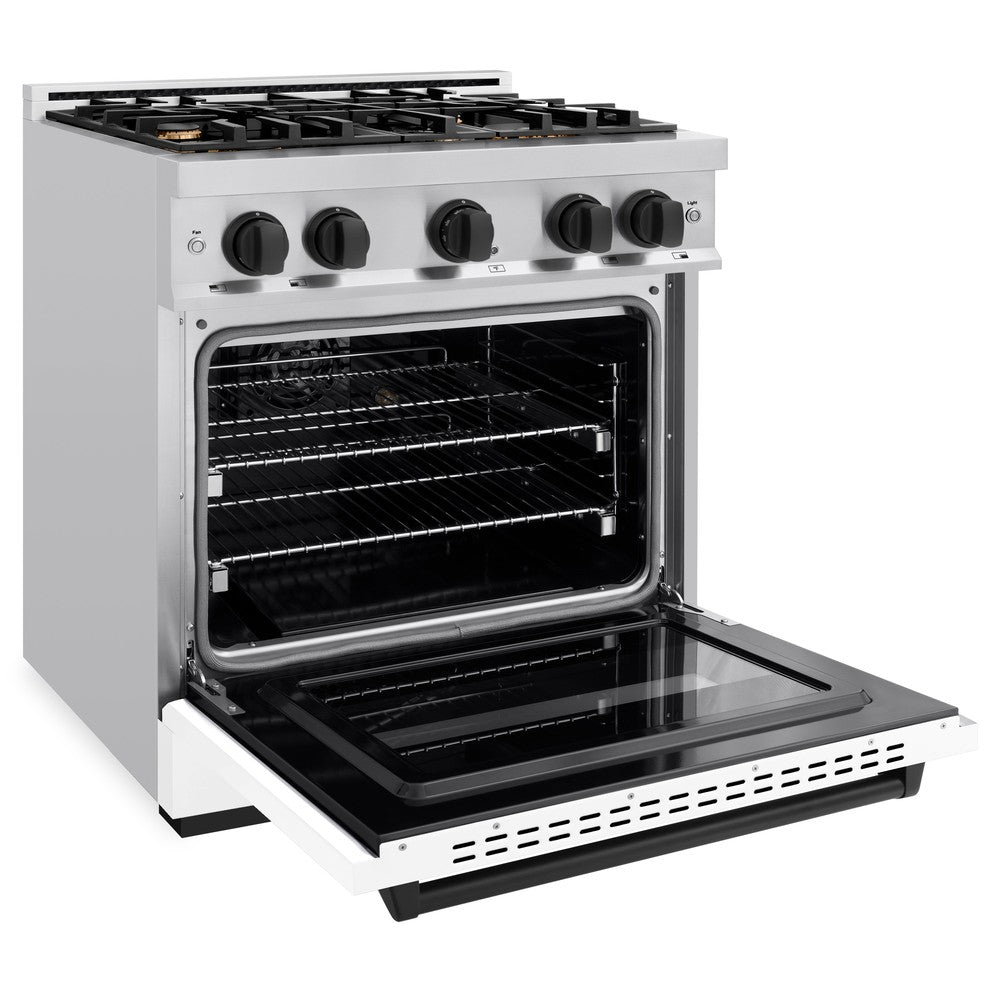 ZLINE Autograph Edition 30 in. Classic Dual Fuel Range, 4 Burners, 4.2 cu. ft. Oven, Stainless Steel with White Matte Door and Matte Black Accents (CDRZ-WM-30-MB)