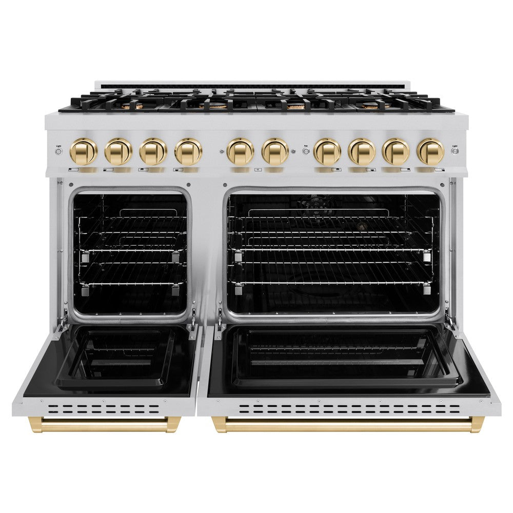 ZLINE 48 in. Dual Fuel Range 6.7 cu. ft. Double Oven 8 Burner Cooktop Stainless Steel with Polished Gold Accents (CDRZ-48-G)