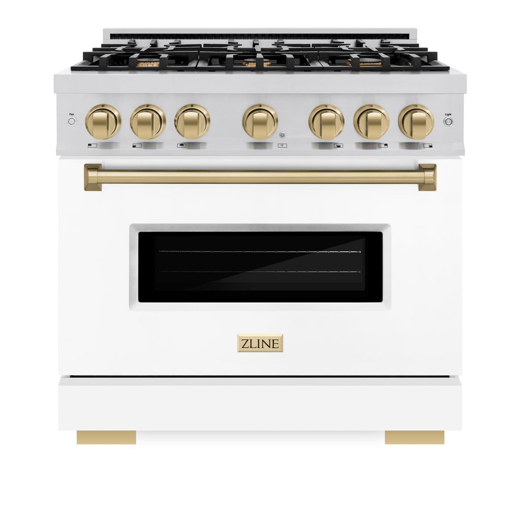 ZLINE 36 in. Gas Range 5.2 cu. ft. 6 Burners Stainless Steel with White Matte Door and Champagne Bronze Accents (CGRZ-WM-36-CB)
