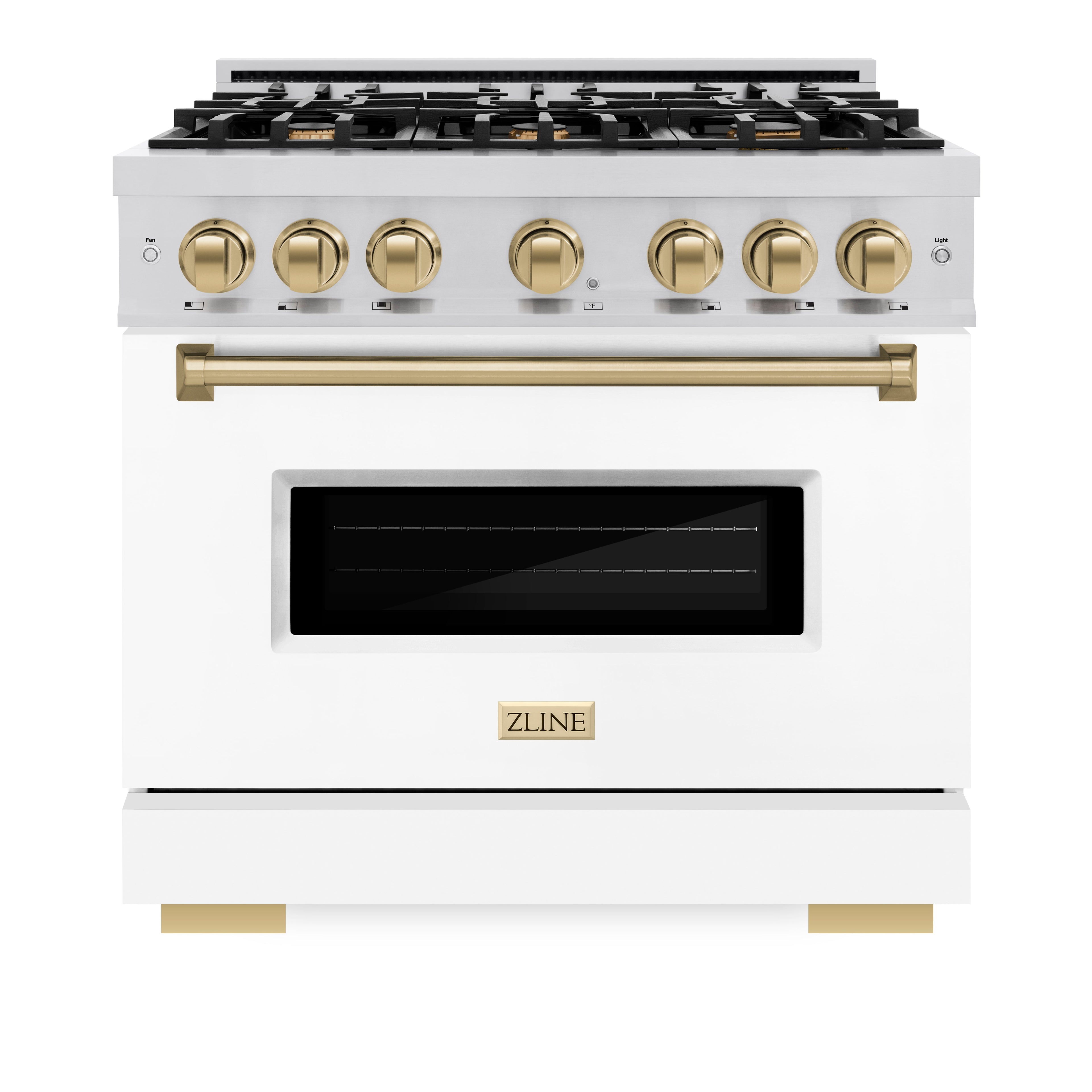 ZLINE 36 in. Gas Range 5.2 cu. ft. 6 Burners Stainless Steel with White Matte Door and Champagne Bronze Accents (CGRZ-WM-36-CB)