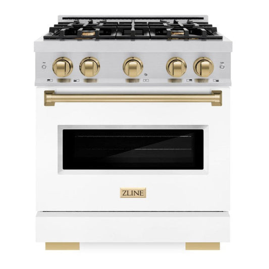 ZLINE 30 in. Classic Gas Range 4.2 cu. ft. 4 Burners Stainless Steel White Matte Door Champagne Bronze Accents (CGRZ-WM-30-CB)