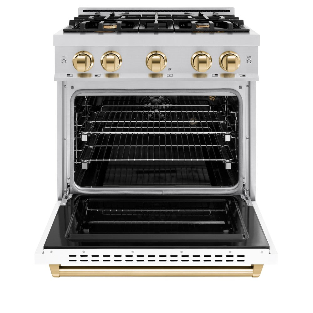 ZLINE 30 in. Classic Gas Range 4.2 cu. ft. 4 Burner Cooktop Convection Gas Oven Stainless Steel White Matte Door Polished Gold Accents (CGRZ-WM-30-G)