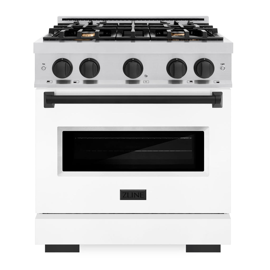 ZLINE Autograph Edition 30 in. 4.2 cu. ft. Classic Gas Range with 4 Burners, Stainless Steel with White Matte Door and Matte Black Accents (CGRZ-WM-30-MB)