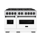ZLINE Autograph Edition 48 in. Classic Double Oven Gas Range with 8 Burners, 6.7 cu. ft., Satin Stainless Steel with White Matte Doors and Matte Black Accents (CGRSZ-WM-48-MB)