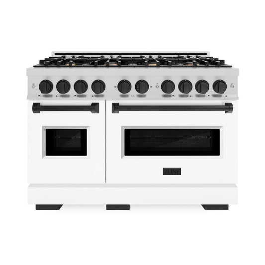 ZLINE Autograph Edition 48 in. Classic Double Oven Gas Range with 8 Burners, 6.7 cu. ft., Satin Stainless Steel with White Matte Doors and Matte Black Accents (CGRSZ-WM-48-MB)