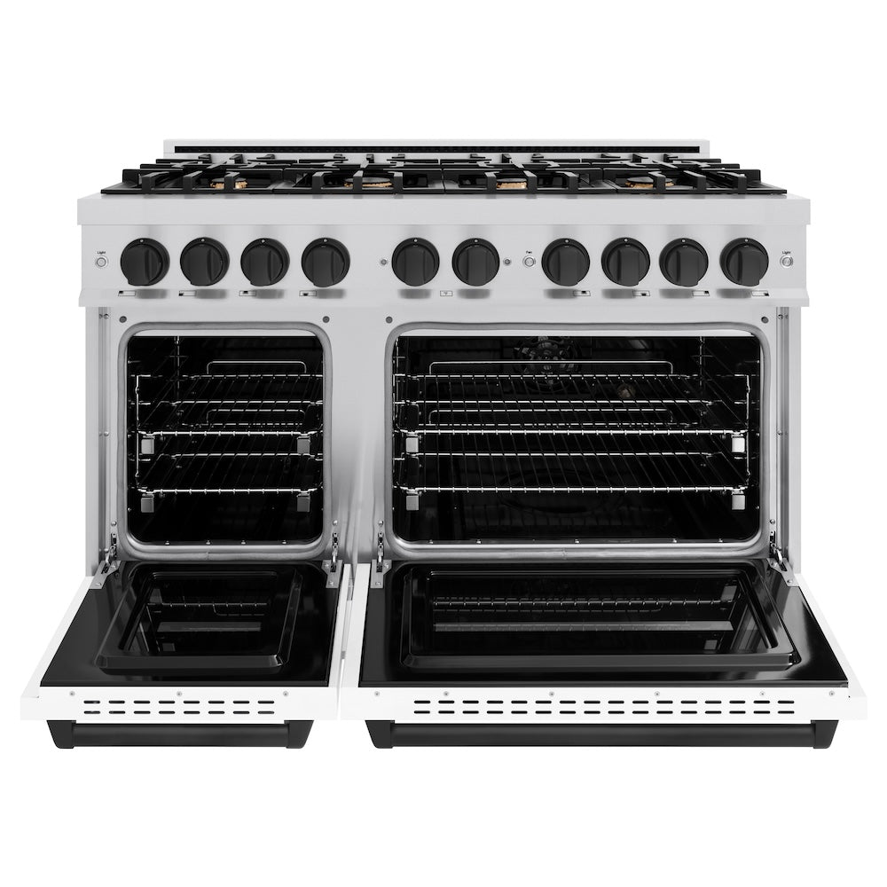 ZLINE Autograph Edition 48 in. Classic Double Oven Gas Range with 8 Burners, 6.7 cu. ft., Satin Stainless Steel with White Matte Doors and Matte Black Accents (CGRSZ-WM-48-MB)