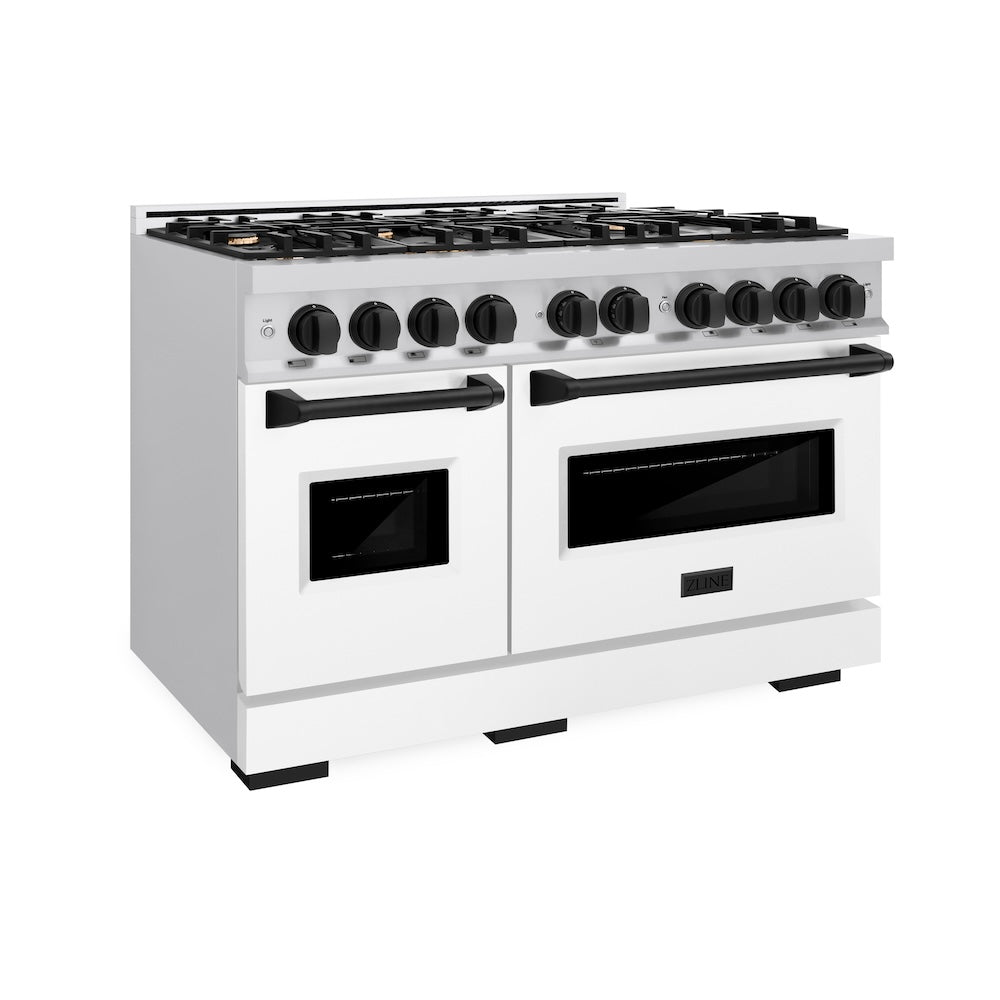 ZLINE Autograph Edition 48 in. Classic Double Oven Gas Range with 8 Burners, 6.7 cu. ft., Satin Stainless Steel with White Matte Doors and Matte Black Accents (CGRSZ-WM-48-MB)