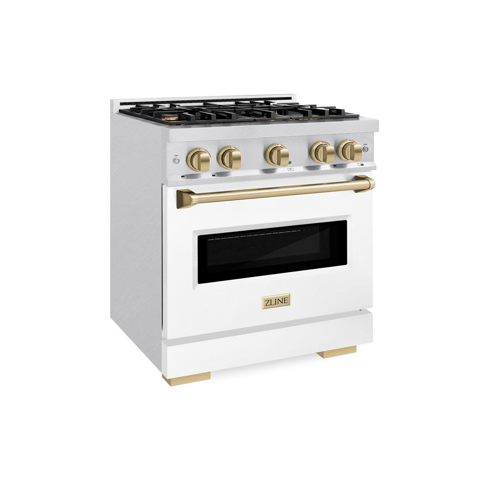 ZLINE Autograph Edition 30 in. 4.2 cu. ft. Gas Range with 4 Burners and Convection Gas Oven in Satin Stainless Steel with White Matte Door and Champagne Bronze Accents (CGRSZ-WM-30-CB)