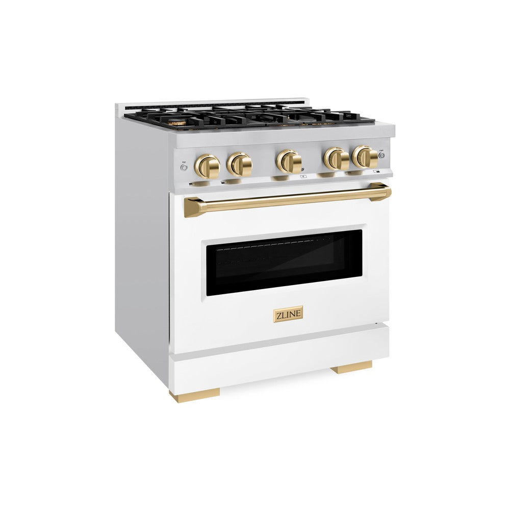 ZLINE Autograph Edition 30 in. Classic Gas Range 4.2 cu. ft. with 4 Burners and Convection Gas Oven in Satin Stainless Steel with White Matte Door and Polished Gold Accents (CGRSZ-WM-30-G)
