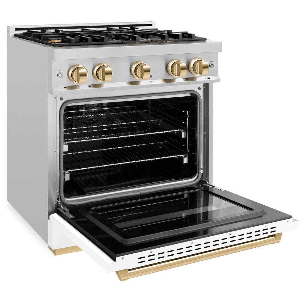 ZLINE Autograph Edition 30 in. Classic Gas Range 4.2 cu. ft. with 4 Burners and Convection Gas Oven in Satin Stainless Steel with White Matte Door and Polished Gold Accents (CGRSZ-WM-30-G)