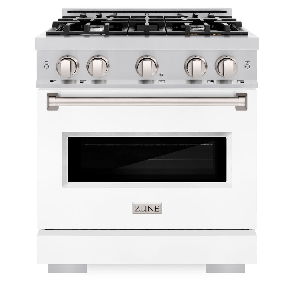 ZLINE 30 in. Gas Range 4.2 cu. ft. 4 Burner Cooktop Convection Oven Stainless Steel with White Matte Door, MODEL CGR-WM-30