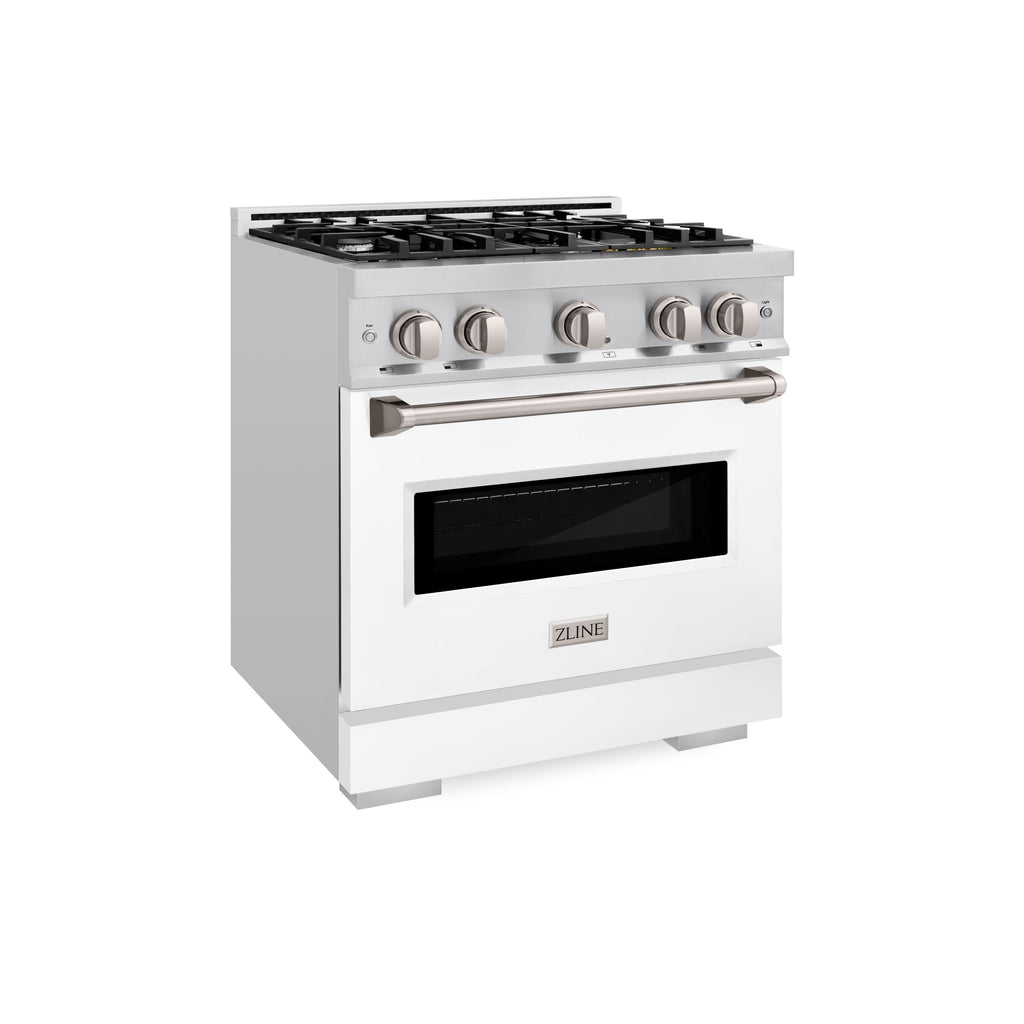ZLINE 30 in. Gas Range 4.2 cu. ft. 4 Burner Cooktop Convection Oven Stainless Steel with White Matte Door, MODEL CGR-WM-30