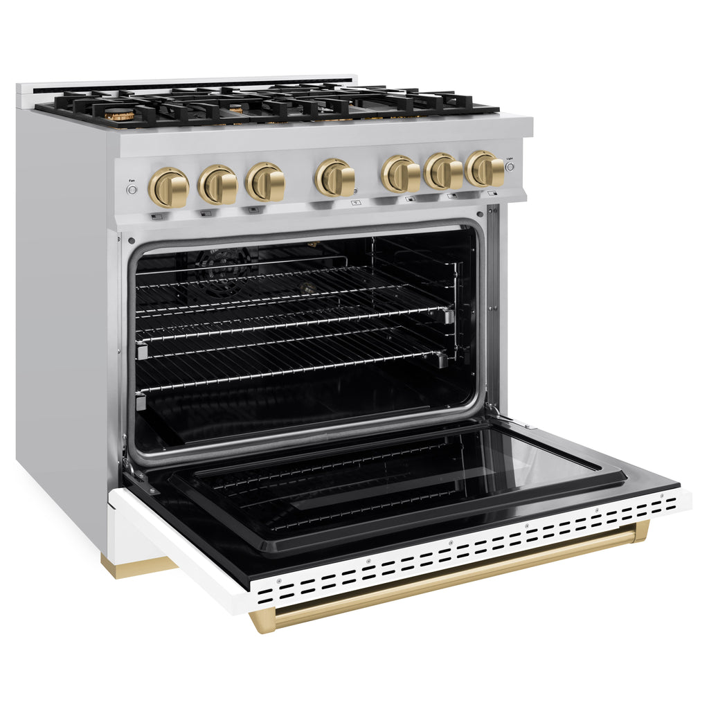 ZLINE 36 in. Gas Range 5.2 cu. ft. 6 Burners Stainless Steel with White Matte Door and Champagne Bronze Accents (CGRZ-WM-36-CB)