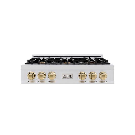 ZLINE Autograph Edition 36 Inch Porcelain Rangetop with 6 Gas Burners in Stainless Steel and Champagne Bronze Accents, RTZ-36-CB