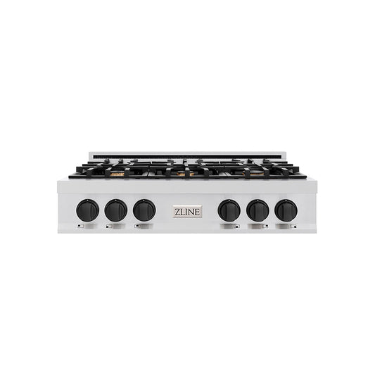 ZLINE Autograph Edition 36 in. Porcelain Rangetop with 6 Gas Burners in Stainless Steel and Matte Black Accents, RTZ-36-MB