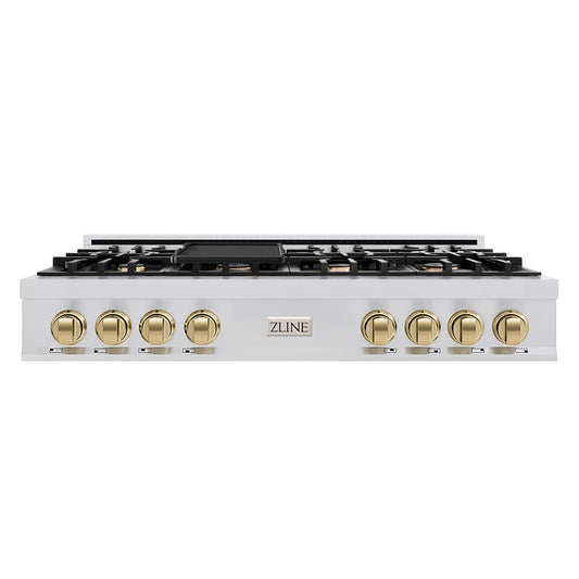 ZLINE Autograph Edition 48 In. Rangetop with 7 Gas Burners in Stainless Steel and Champagne Bronze Accents, RTZ-48-CB