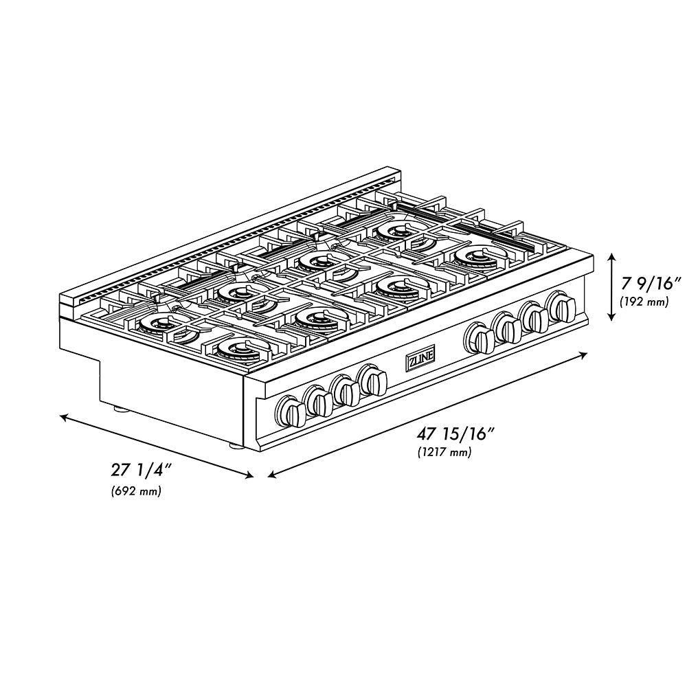 ZLINE Autograph 48" Classic Gas Rangetop with 8 Burner DuoPro™ Cooktop in Satin Stainless Steel and Matte Black Accents, PCRTSZ-48-MB