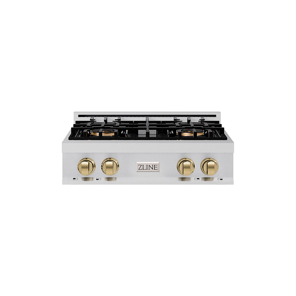 ZLINE Autograph Edition 30" Classic Gas Rangetop with 4 Burner DuoPro™ Cooktop in Stainless Steel and Champagne Bronze Accents, PCRTZ-30-CB