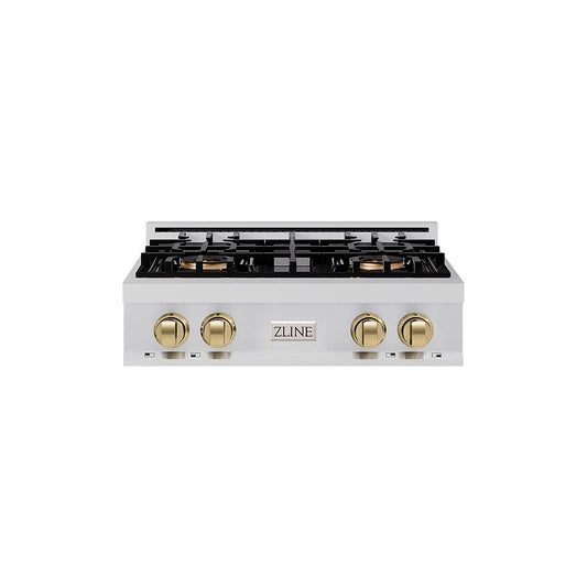 ZLINE Autograph Edition 30" Classic Gas Rangetop with 4 Burner DuoPro™ Cooktop in Stainless Steel and Champagne Bronze Accents, PCRTZ-30-CB