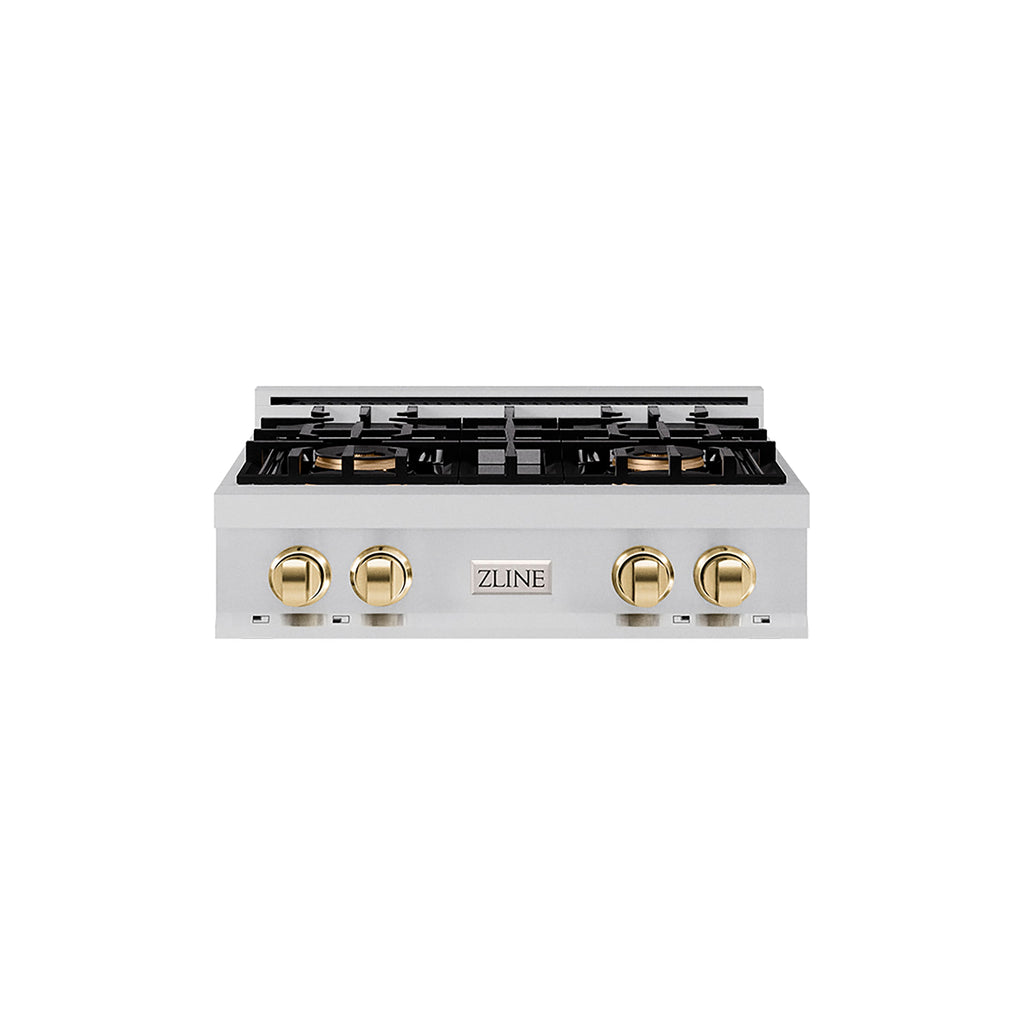 ZLINE Autograph Edition 30" Classic Gas Rangetop with 4 Burner DuoPro™ Cooktop in Stainless Steel and Polished Gold Accents, PCRTZ-30-G