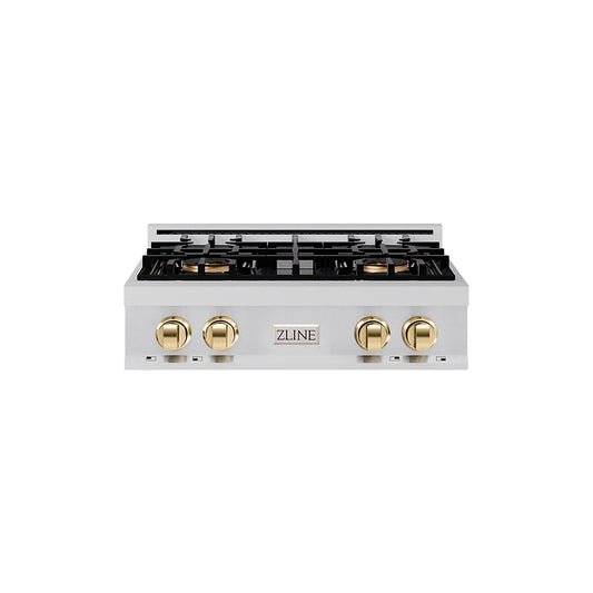 ZLINE Autograph Edition 30" Classic Gas Rangetop with 4 Burner DuoPro™ Cooktop in Stainless Steel and Polished Gold Accents, PCRTZ-30-G