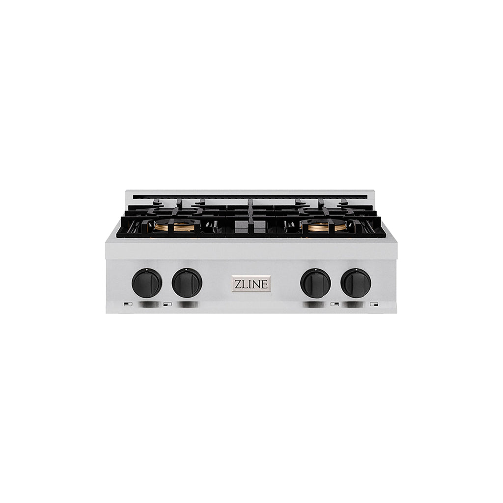 ZLINE Autograph Edition 30" Classic Gas Rangetop with 4 Burner DuoPro™ Cooktop in Stainless Steel and Matte Black Accents, PCRTZ-30-MB