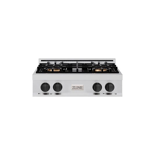 ZLINE Autograph Edition 30" Classic Gas Rangetop with 4 Burner DuoPro™ Cooktop in Stainless Steel and Matte Black Accents, PCRTZ-30-MB