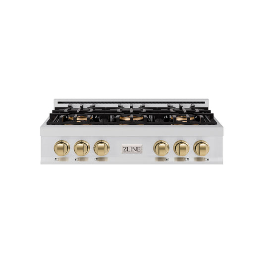 ZLINE Autograph 36" Classic Gas Rangetop with 6 Burner DuoPro™ Cooktop in Stainless Steel and Champagne Bronze Accents, PCRTZ-36-CB