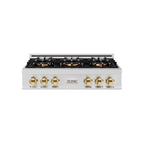 ZLINE Autograph 36" Classic Gas Rangetop with 6 Burner DuoPro™ Cooktop in Stainless Steel and Polished Gold Accents, PCRTZ-36-G