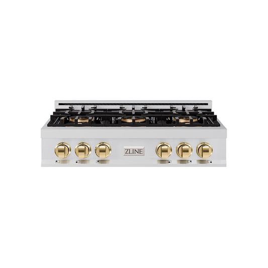 ZLINE Autograph 36" Classic Gas Rangetop with 6 Burner DuoPro™ Cooktop in Stainless Steel and Polished Gold Accents, PCRTZ-36-G