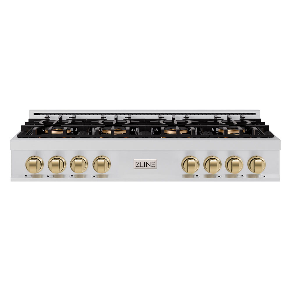 ZLINE Autograph 48" Classic Gas Rangetop with 8 Burner DuoPro™ Cooktop in Stainless Steel and Champagne Bronze Accents, PCRTZ-48-CB