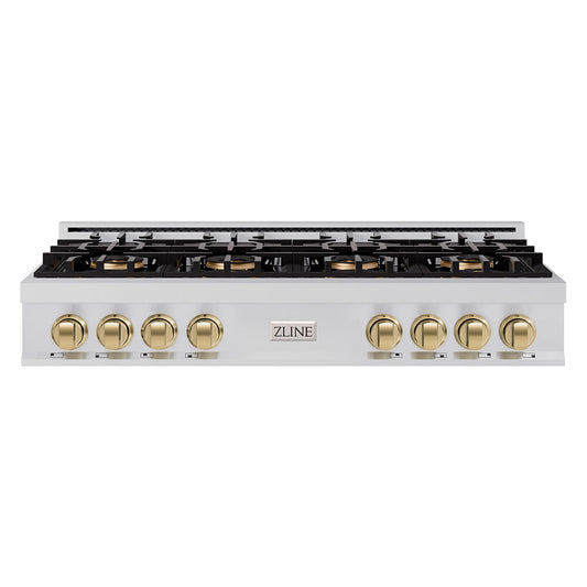 ZLINE Autograph 48" Classic Gas Rangetop with 8 Burner DuoPro™ Cooktop in Stainless Steel and Champagne Bronze Accents, PCRTZ-48-CB